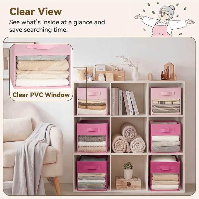 GRANNY SAYS 11x11 Storage Cubes with Clear Window, Pink Gradient, 6-Pack | Collapsible, Fabric Storage Bins with Sturdy Handles, Organizing Toys, Clothes, Decorative Baskets for Shelves, Closet