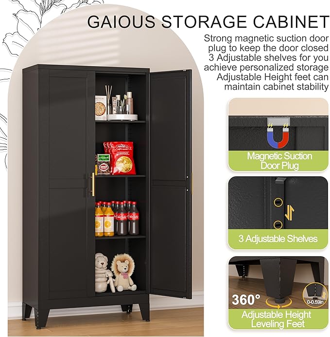 GAIOUS Metal Storage Cabinet, Black Pantry Storage Cabinets with 2 Door | and 3 Adjustable Shelves, Kitchen Food Storage Cabinet, Metal Utility Cabinet for Kitchen Laundry Room, Cupboard
