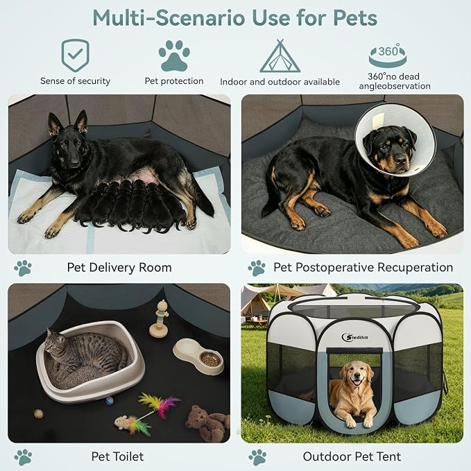 Siedihit Dog Playpen Tent Crate Cage Indoor Outdoor Travel Extra Large Grey | Pet Nursing Enclosure Camping Rest Zone for Recovering Pets 600D waterproof polyester Oxford, Breathable double-layer mesh