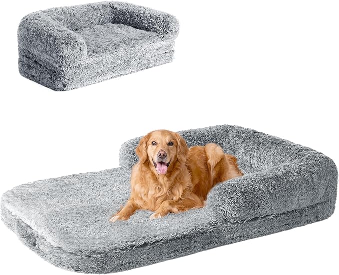 EHEYCIGA Foldable XXL Dog Bed for Large Sized Dog - 54x38x7.5, Grey | Faux Fur Fluffy Pet Couch Bed, Orthopedic Calming Memory Foam Big Pet Bed, Washable Pet Sofa Bed with Non-Slip Bottom