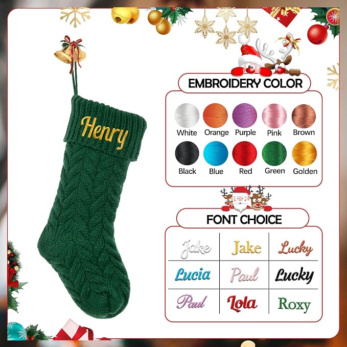 Personalized Christmas Stocking Large Custom Knitted Embroidered Name Xmas Stocking for Family Kids Pets Fireplace Party Decor