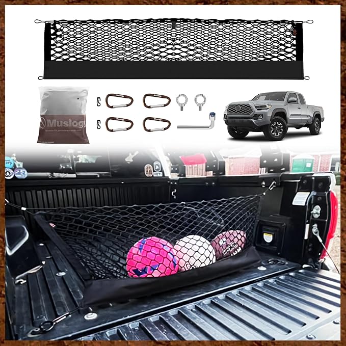 Muslogy Cargo Net for Toyota Tacoma 2005-2022 2023 Accessories | Custom Fit, Truck Bed Storage Organizer Net for Pickup Truck Bed Divider, Heavy Duty Carabiners, Night Visible Grab Handle