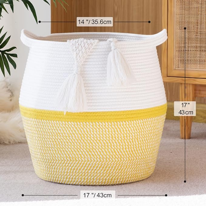 KAKAMAY Woven Baskets for Storage(17"x17"),Large Cotton Rope Woven Baby Laundry Hamper,Collapsible Laundry Basket, Blanket Basket for Organizing Living Room,Nursery,Pillows,Toy Chest(Yellow)