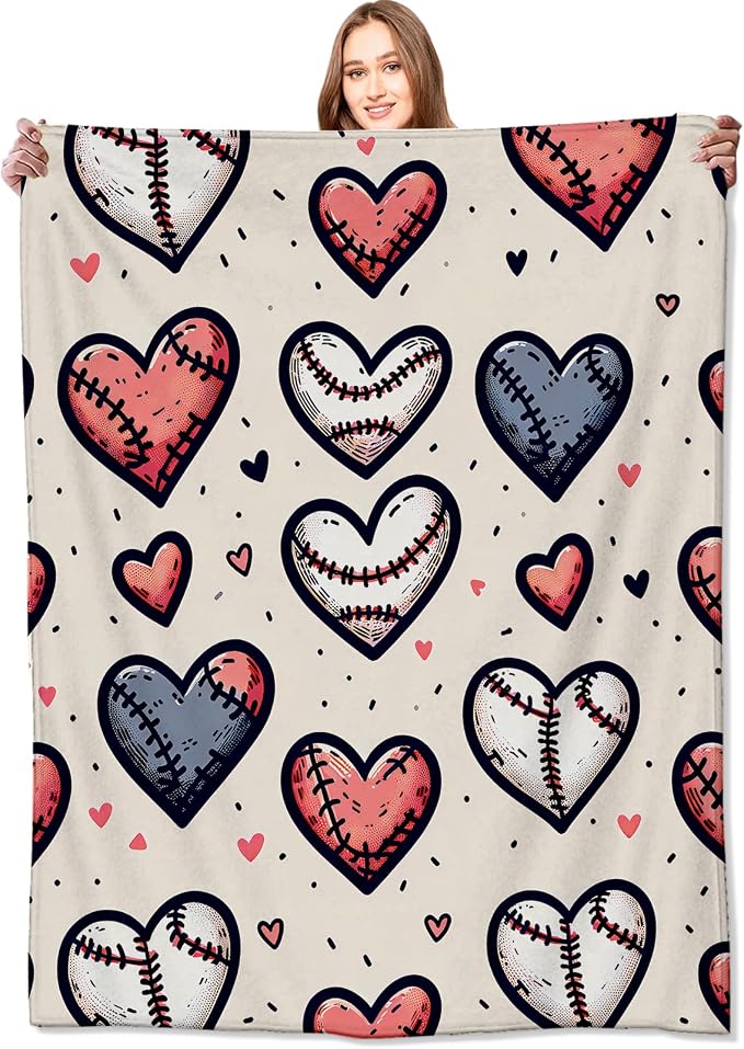 Baseball Hearts Blanket Sport Lovers Throw Blankets Gifts for Kids Adult Lightweight Soft Fleece Cozy for Sofa Couch Bed Room Travel Birthday Party Decor 50x60in