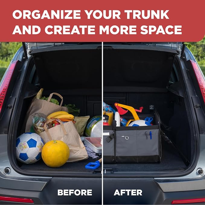 Car Cargo Organizer for SUV, Truck & Auto Storage, Gift, Grey, Large | Fits Cars, SUVs & Trucks • 4 Adjustable Compartments • Non-Slip Base & Straps • Foldable • 11 Pockets • Gift
