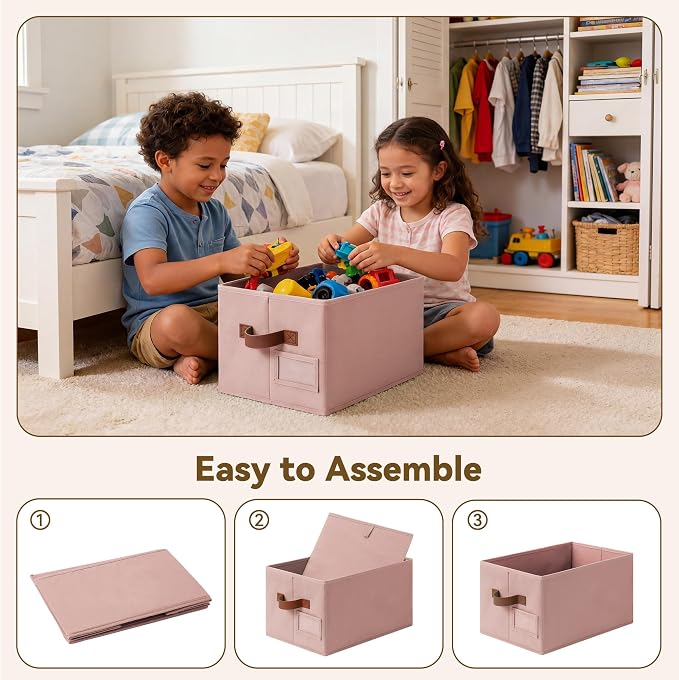 GRANNY SAYS Closet Storage Bins with Label, Dusty Pink, Medium, 3-Pack | Clothes Storage Bins with PU Handles, Closet Organizer for Shelves, Collapsible Decorative Storage Box