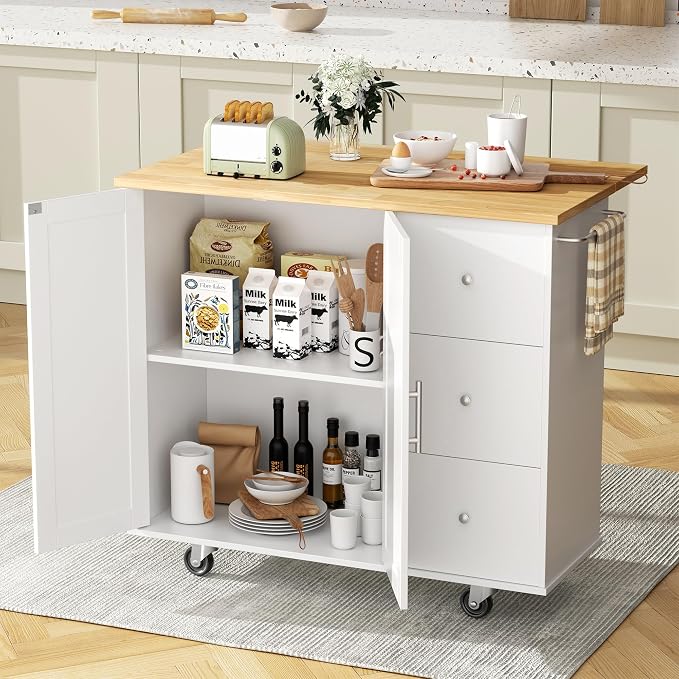 Mobile Kitchen Island on Wheels, Rolling Storage Cart with Drawers, White | 40" Rolling Kitchen Cart , Portable Utility Cart with Locking Casters, for Small Kitchens & Dining Rooms