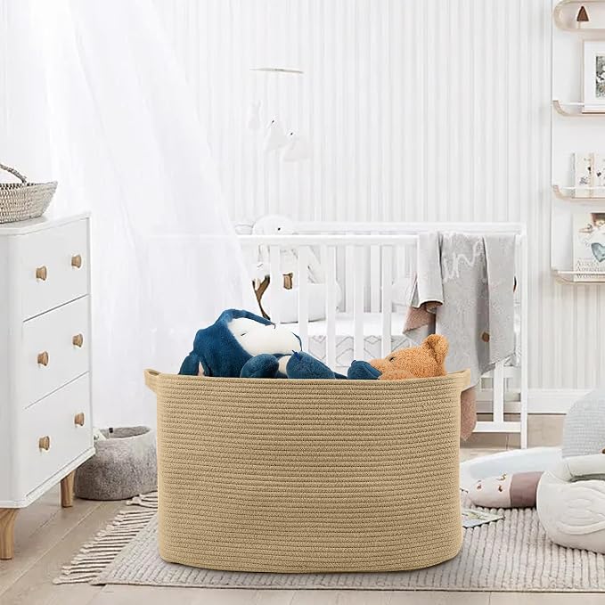 Large Jute Rectangle Rope Basket, 23.6" x 17" x 12" Blanket Storage for Living Room, Pool Towel Basket, Woven Baby Floor Laundry Hamper for Clothes, Toy Storage Bin, Bathroom Towel Storage
