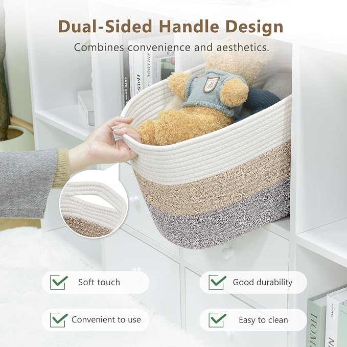 ECDYQXVU 15x10x9 Inch Woven Cotton Rope Storage Basket, 1 Pack | Foldable Design, Built-in Handles, Space-saving Organizer for Living Room, Bedroom, Laundry, Shelves, Clothes, Towels