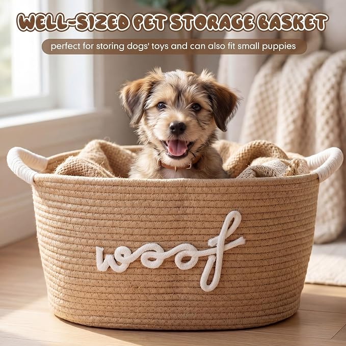 Dog Toy Storage Basket with Handles, 14.6 x 10.6 x 8.7 Inch Cotton Rope Dog Toy Storage Bin Woven Pet Organizer Shelf Basket for Pet Chew Toys, Foods