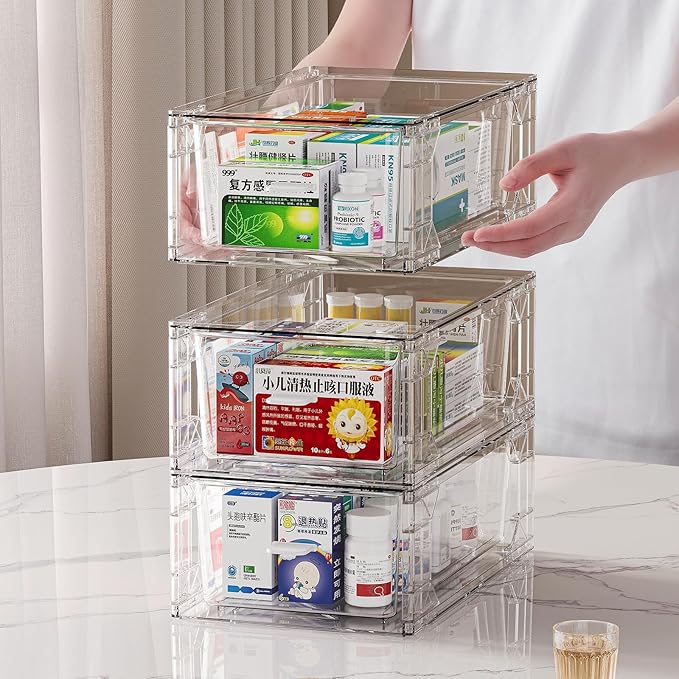 4 pack clear Drawer-Type Plastic Storage Box Bins Organizer，Family First Aid Kits Medicine cabinet Box Organizer,Closet ，Shelf，Ointments, Adhesive Bandages，Cosmetics,Office Items (clear, ZZ4L)