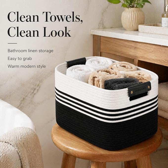 Cotton Rope Laundry Basket Extra Large, 25.4GAL Collapsible Woven Storage Baskets for Living Room Kids Toys Stuffed Animal,Boho Rectangular Decorative Hamper for Dirty Clothes, Blankets White Black