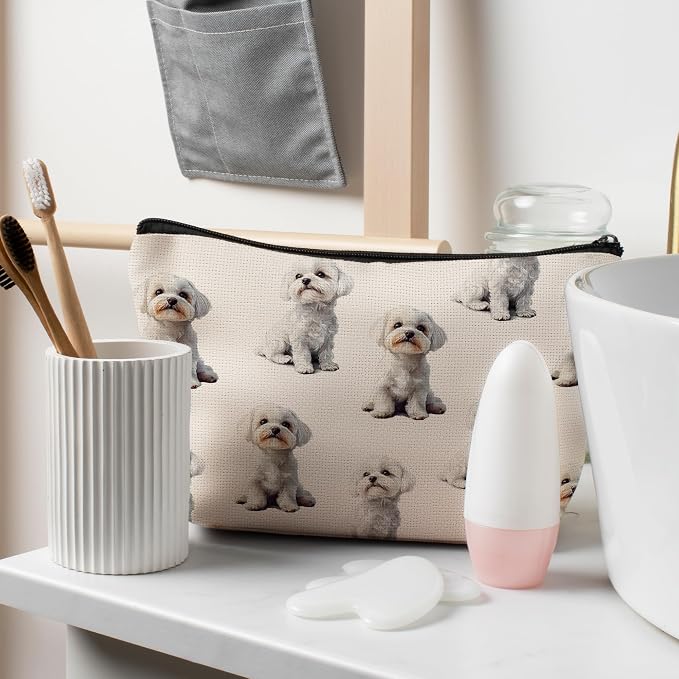Maltese Dog Makeup Bag, Maltese Lovers Gifts Cosmetic Bag for Women, Dog Mom Lovers Owner Gifts for Women Christmas, Pet Lover Gift Zipper Travel Makeup Pouch for Purse