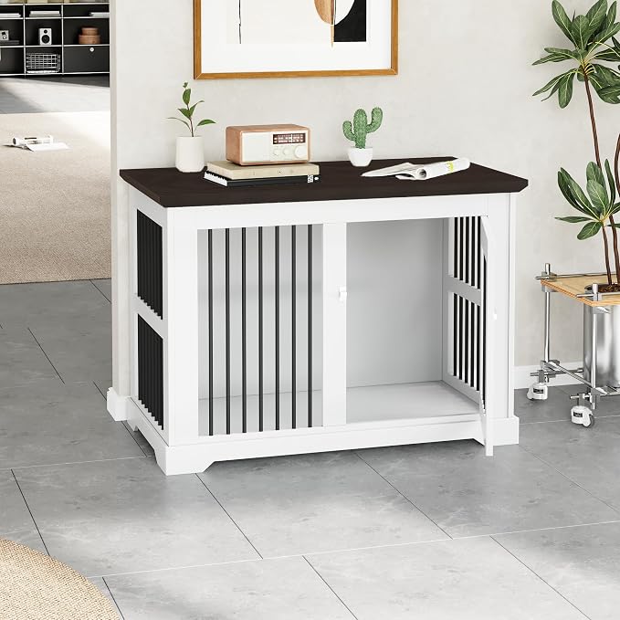 44" Wooden Dog Crate Furniture,Large Kennel Pet Cage End Table for Indoor | for XXL XL Medium Dogs, White and Wood, Fits Living Room Bedroom, Heavy Duty Steel Frame with Lock 100 lbs Cap, 100 lbs Top.