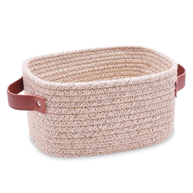 ABenkle Small Storage Basket, Mini Baskets with Handle, Cute Cotton Woven Baskets for Shelves, Boho Decorative Toy Storage Bin for Nursery, Spa, Empty Gift Basket - XS, Mixed Brown