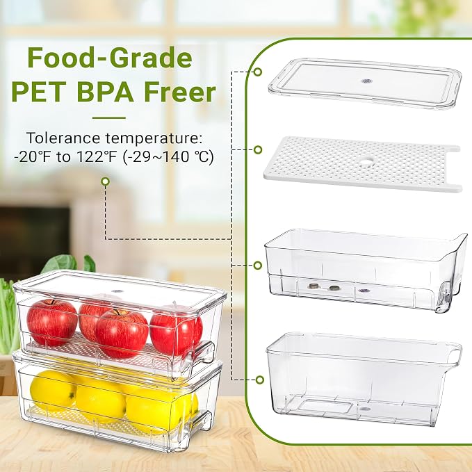 Imncya 5 Pack Refrigerator Organizer Bins, Fridge Organizers and Storage | Stackable Pull-Out, Refrigerator Drawers with Lids, Clear Design with Drain Tray, Fruits Vegetables Snack Storage Containers