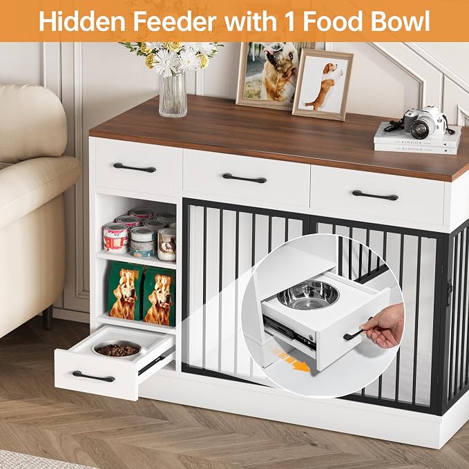 47.2'' Large Dog Crate Furniture with Drawers Wooden | with 3 Storage Drawers, Sturdy, Adjustable Shelf for Small, Medium Dogs