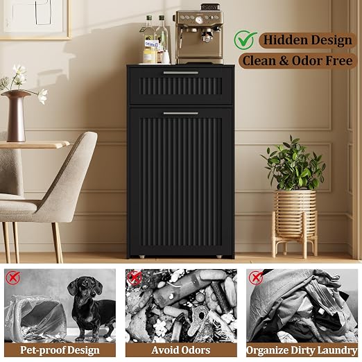 13 Gallons Pull Out Trash Can Cabinet, Hidden Trash Can, Black | Fluted Kitchen Trash Cabinet with Drawer, Freestanding Garbage Pet Proof Trash Can Holder for Laundry, Living Room