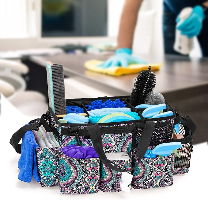 LoDrid Wearable Cleaning Caddy Bag with 4 Foldable Dividers, Totem | Cleaning Supply Organizer with Shoulder Strap and Side Handles for Cleaners & Housekeepers