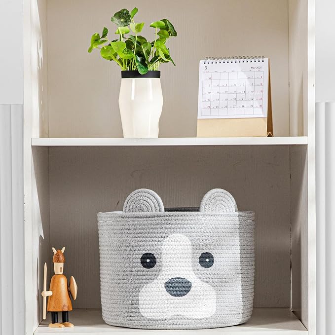 Medium Dog Woven Baskets with Handle, Dog Toy Hamper, Cotton Rope Dog Toy Storage Baskets for Pet, Animal Basket for Kids, Baby Gift Baskets for Dog Lovers, Grey