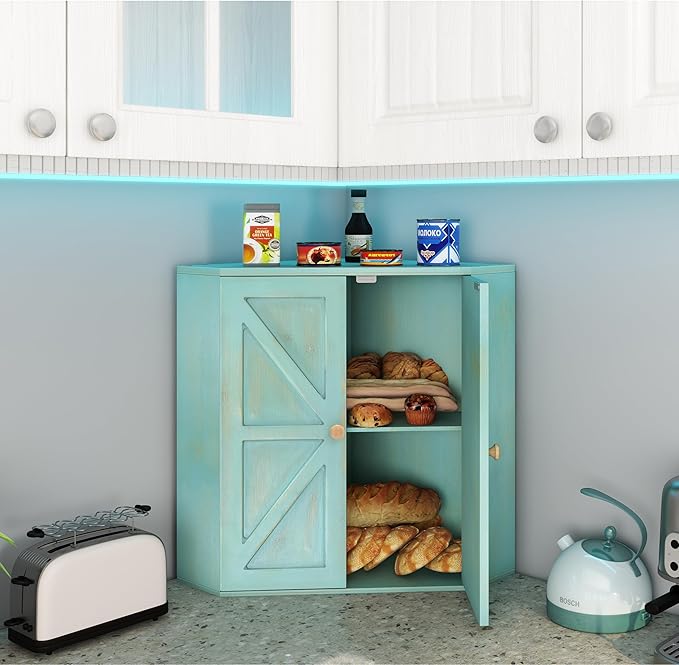 Trironsun Corner Bread Box for Kitchen Counter Double Layer Bamboo Bread Storage Container Large Capacity Bread Storage Bin Farmhouse Breadbox Organizer (Antique Blue)