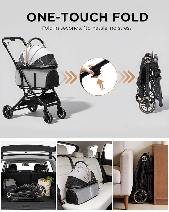 GTPLAYER Pet Stroller for Small Dogs and Cats, One-Click Foldable, Detachable Carrier, Breathable Mesh, 45 lbs Capacity, 2 Safety Leashes, Storage Basket & Cup Holder, Light Gray