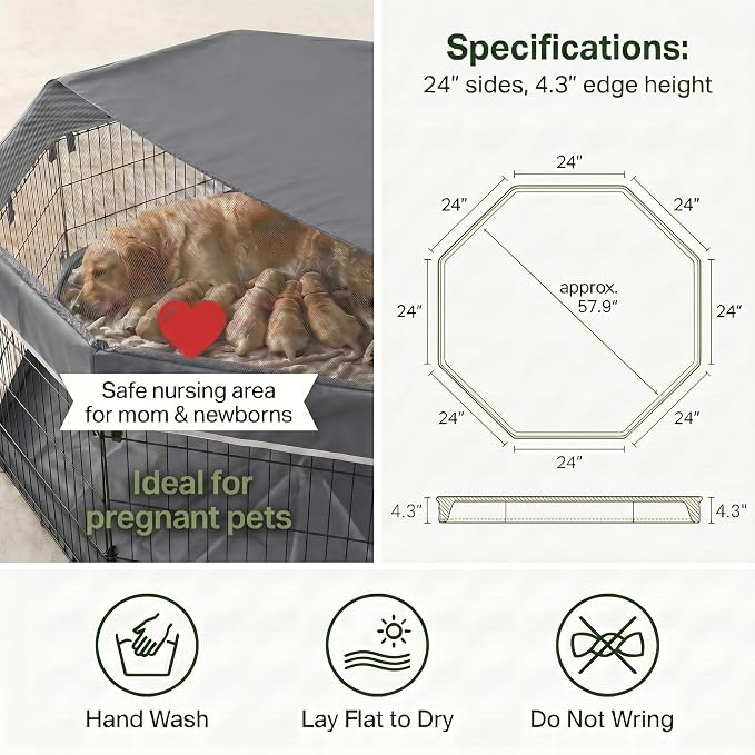 PJYuCien Octagonal Playpen Top Cover for 24" Side Metal Pet Pen, Gray | Cozy Den for Puppy Small Animals, Half Mesh Half Oxford with Silver Coating, Predator & Weather Protection, Snap Hooks
