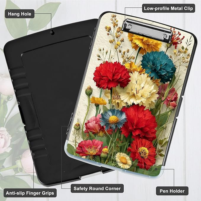 A4 Clipboard with Storage Pen Holder, Clipboards Organizer Nursing Clipboard Foldable File Folder Plastic Clipboard Folio Clip Board for Office Work Classroom Doctor, Pink Yellow Flowers
