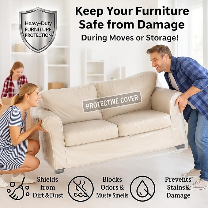 Evelots Clear Vinyl Loveseat Cover, Spill-Resistant 2-Seat Sofa Protector | Heavy-duty vinyl helps protect loveseats from pet claws, stains, dust and spills; ideal for everyday use, moving and storage.