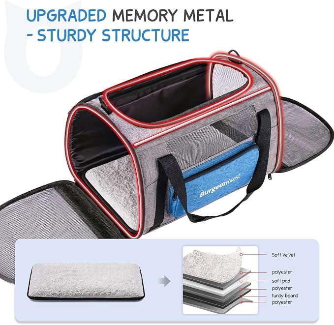 BurgeonNest Pet Carrier for Large Cats up to 25 lbs with Unique Side Bag | Soft-Sided Top Load Pet Crate for Big Cats Small Dogs, Stable Steel Frame with 4 Ventilated Windows, Car Travel, Large Blue