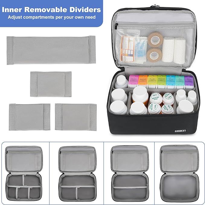 LEFOR·Z Medicine Storage Bag,Double Layers Pill Bottle Organizer Bag Empty | Medical Supplies Bag with Lockable Zipper & Adjustable Divider,Medication Travel Carrying Bag for Pills,Vitamins,Black