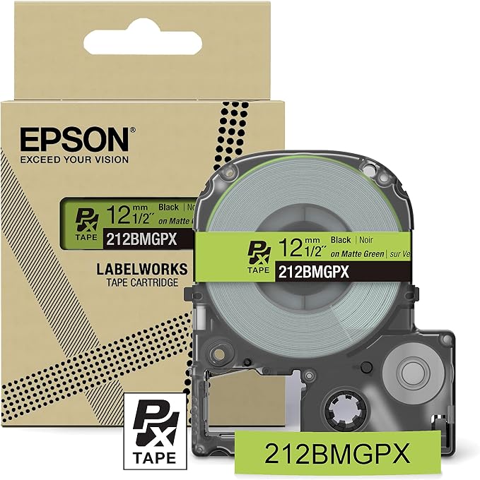 Epson LABELWORKS 212BMGPX Label Tape - Black on Matte Green - 1/2" (12mm) | Genuine Epson designer craft PET tape for LW-C410PX & C610PX, decorative finish for crafts & decor