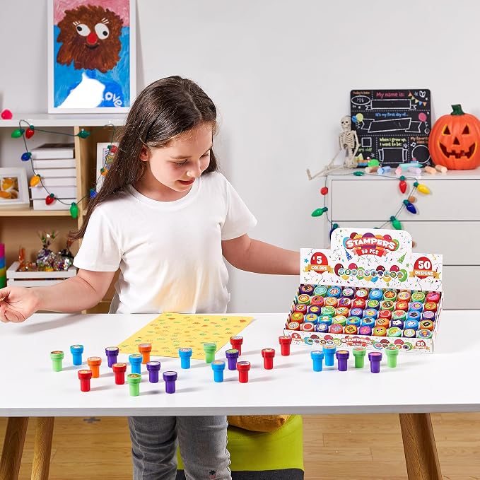 JOYIN 50 Pcs Assorted Stamps for Kids - Self-Ink Stamps with 50 Designs for Birthday Party Favor, Carnival Prizes, School Stampers, Goodie Bag, Classroom Treasure Box Toys (Zoo, Holiday Stampers)