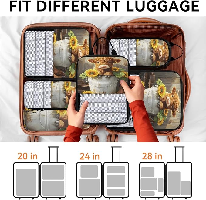 Highland Cow 6 Set Compression Packing Cubes Floral Sunflower Expandable Packing Organizer for Travel Accessories Luggage Suitcase Bag