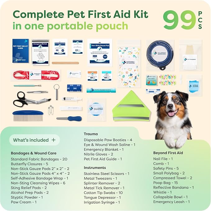 KeepGoing Pet First Aid Kit for Dogs & Cats, 99 Pc. Travel Emergency Kit | Dog & Cat Travel Accessories for Car, Camping & Hiking, Pet Essentials & Supplies
