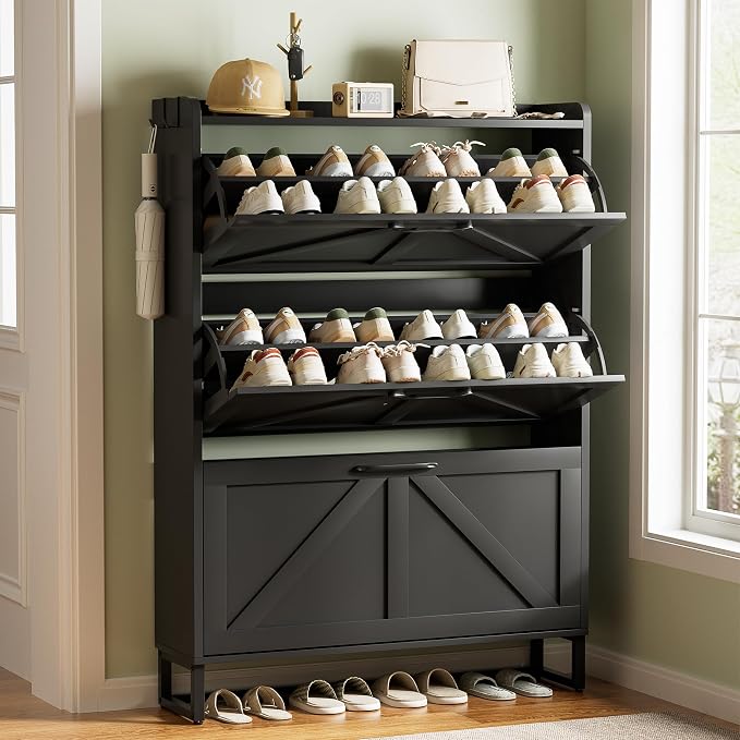 Urban Deco Entryway Shoe Storage Cabinet with 3 Flip Drawers, Elegant Stable Freestanding Shoe Organizer, Anti-Tipping Design (Black)