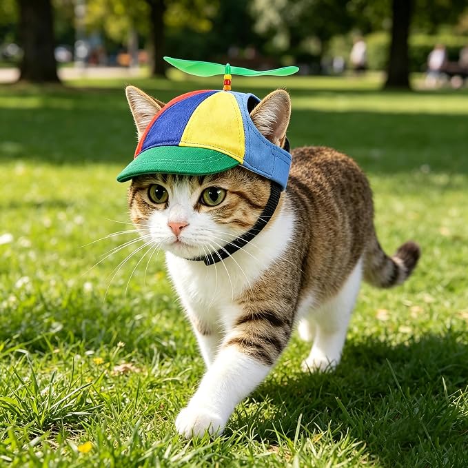 Pet Propeller Hat - Colorful Rainbow Helicopter Hat, Adjustable Cute Baseball Cap with Removable Propeller for Small Medium Dogs & Cats (Sizes S/L)