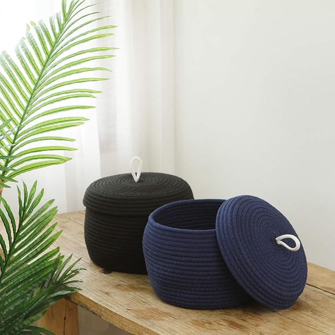 Sea Team Round Woven Cotton Rope Storage Basket with Lid, Navy, 2-Pack | Lidded Knitted Decorative Storage Bin, Pot, Caddy, Organizer, Container for Snacks, Towels, Plants, 10 x 7.5 Inches