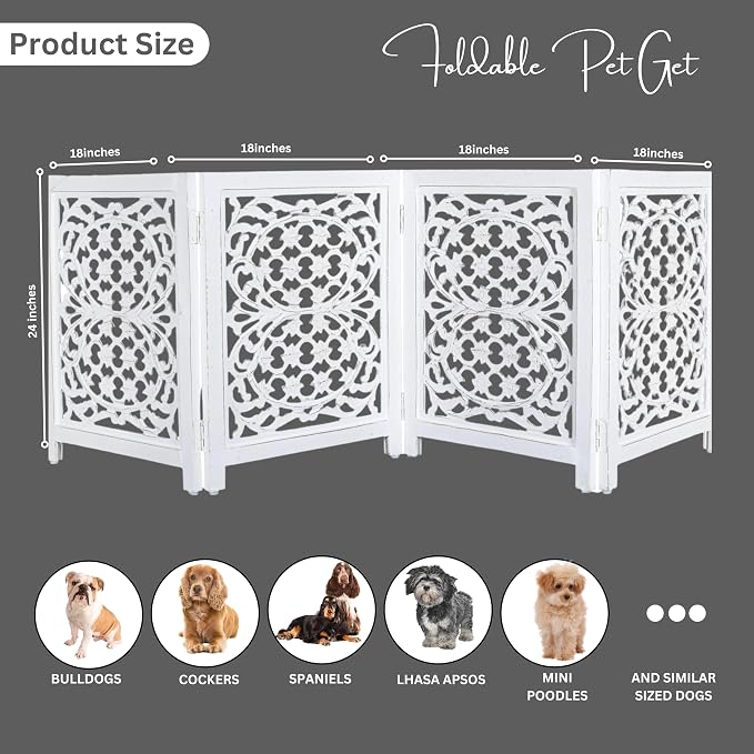 Lightnpro 4-Panel Wooden Dog Gate with Stopper – 72 Inch Extra-Wide Foldable Freestanding Pet Barrier, Antique White Indoor Safety Fence for Small Dogs & Puppies – 24x18 Inch Panels
