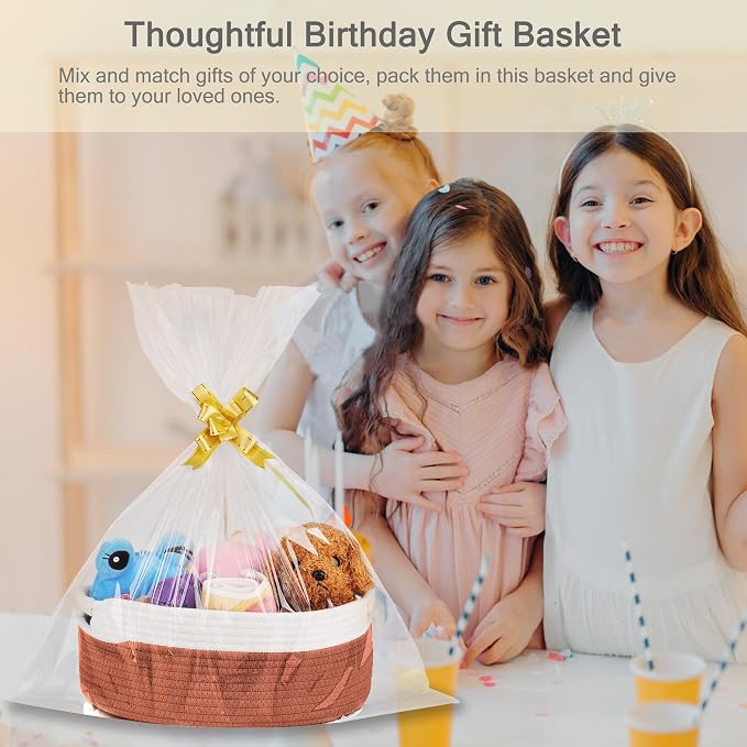 Small Woven Gift Basket with Bag & Ribbons, Autumn Glaze | Cotton Rope, 13”x 9”x 5.5”, Fits for Kids, Women & Men, Bedroom, Living Room, Nursery & Bathroom Storage, Cat & Dog Toy Boxes