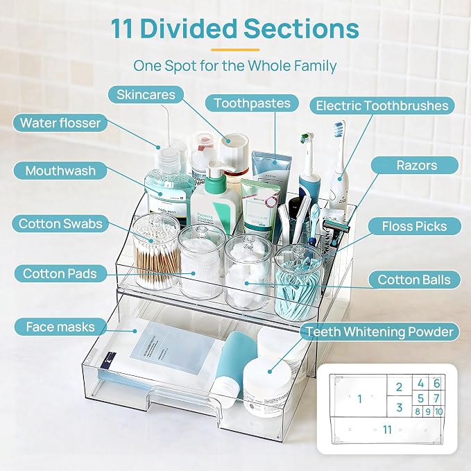 Vtopmart 6 PCS Bathroom Countertop Organizer Sets | 1 Divided Tray, 4 Qtip Holder Jars, 1 Drawers, Clear Organizers, For Toothbrush, Cotton Pads, Vanity Accessories