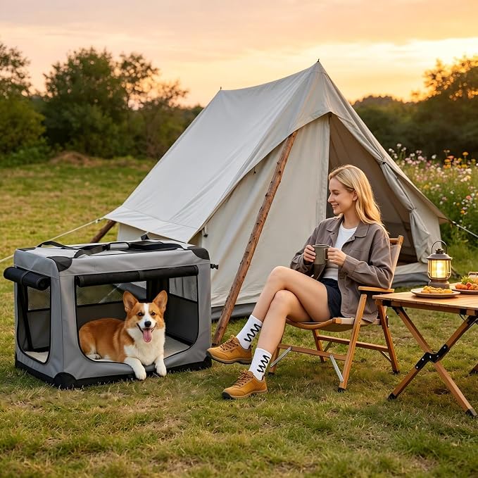 42 Inch Soft Dog Crate Collapsible 3-Door Travel Kennel for Large Dogs, Portable Pet Cage, Fleece Bed, Storage Pocket & Safety Zippers, Indoor Outdoor Car Use Dog Crate
