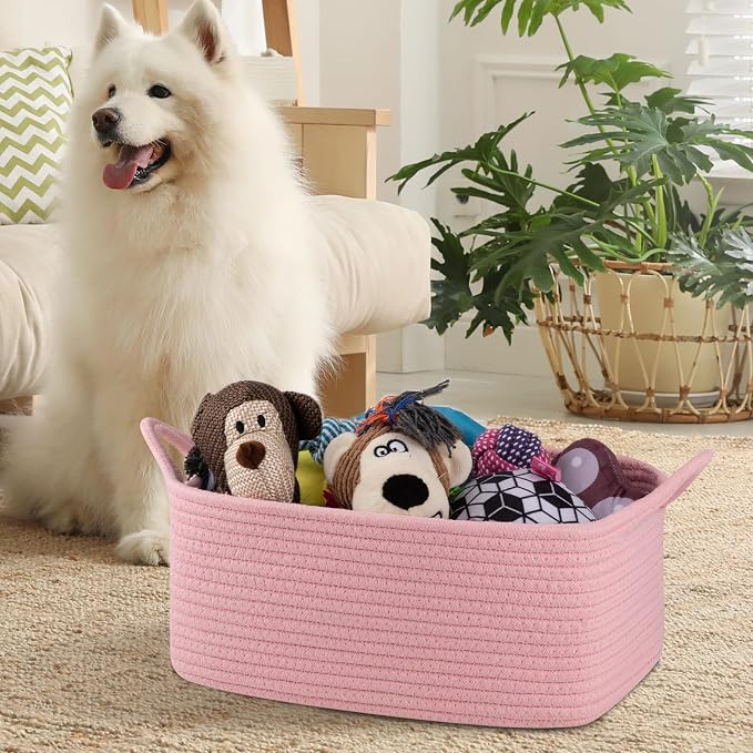 OIAHOMY Woven Basket, Gift Basket Empty with Gift Bags and Ribbons, Rope Baskets for Baby Showers, Storage Baskets with Handles for Nursery, Pet Toy Organizer - Pink