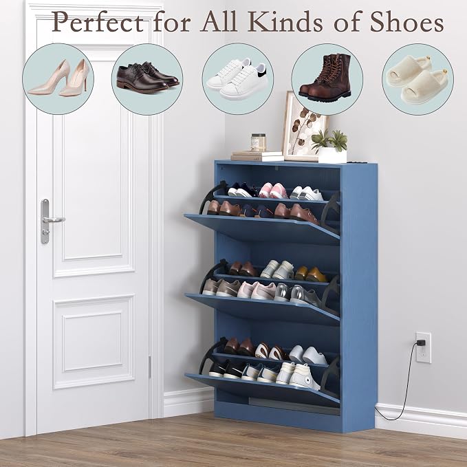 BORNOON Shoe Cabinet with Odor Control and Back Panels, Deodorizing Slim 3-Flip Shoe Storage Cabinet for Entryway, Freestanding Hidden Shoe Rack Organizer for Entrance, Hallway, Bedroom