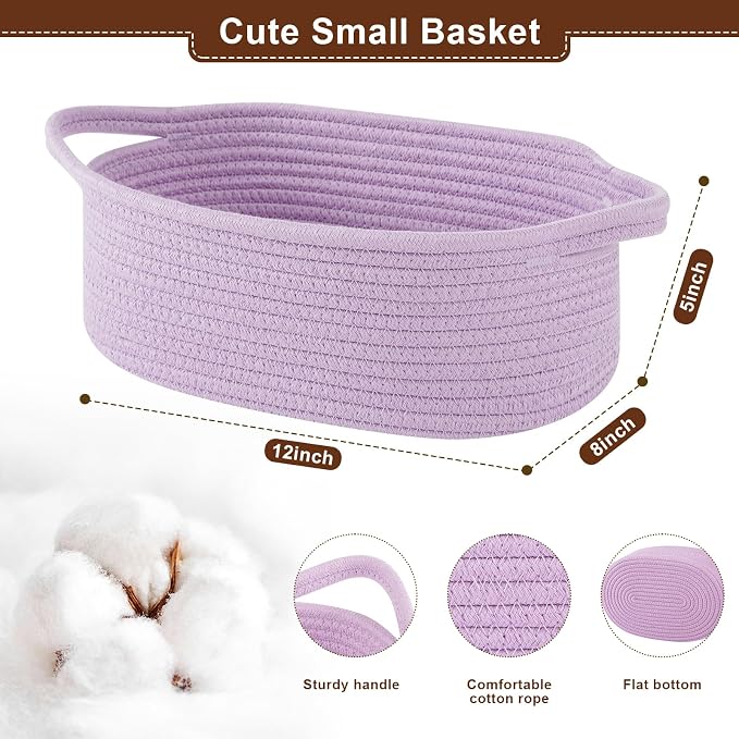 OIAHOMY Gift Basket with Handle, Small Woven Basket with Gift Bag，Ribbon and Wrap Tissue Paper，Nursery Bins Empty to Fill with Small Items, Baby，Pet Toy Organizer - Lilac Purple