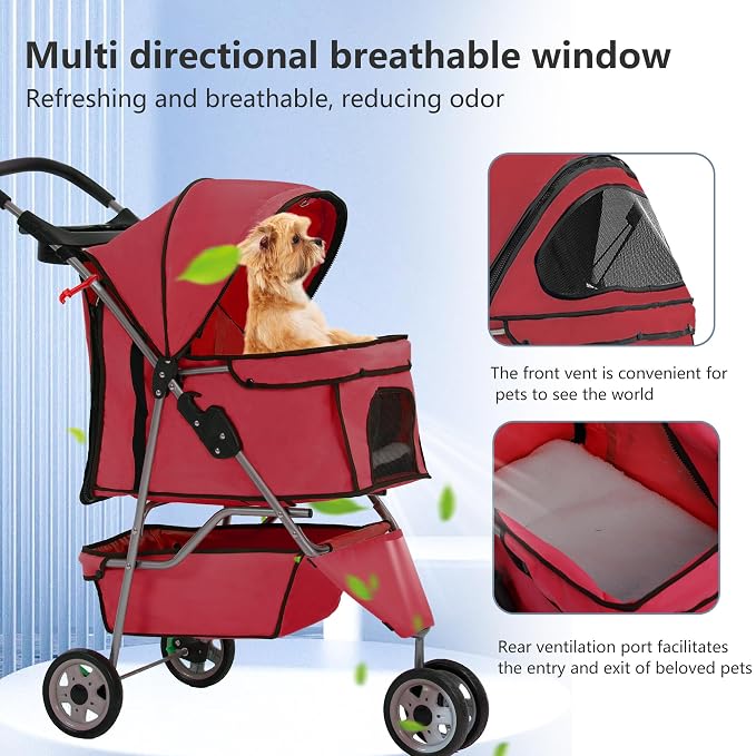 FDW Pet Stroller 3-Wheel Durable Foldable Cat Dog Stroller with Washable Liner Storage Basket Cup Holder,Red