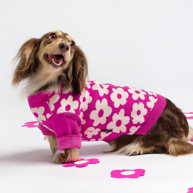 Fitwarm Floral Dog Sweater, Thermal Dog Sweatshirt, Dog Winter Clothes for Small Dogs Girl, Doggy Pullover Jumper, Pet Outfit, Hot Pink, White, XL