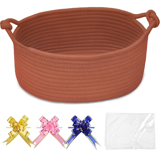 COMSE Small Gift Basket Empty with Bag & Ribbons, Solid Autumn Glaze | Cotton Rope, 12"x 8"x 5", Pet Toy Storage Organizer, Woven Basket for Birthdays, Baby Showers, Mother’s Day, Valentine’s Day