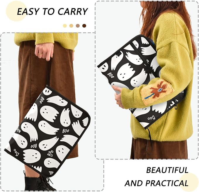 Cute Halloween Ghosts Pattern Expanding File Folder with Sticky Labels, 13 Pockets Accordion File Folder Document Organizer Expandable Zip File Folder with Zipper Closure