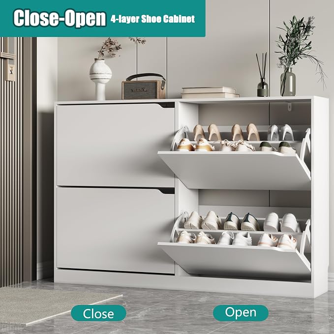 Xixini Shoe Storage Cabinet for Entryway with 4 Flip Drawers, Sturdy Wood Hidden Shoe Storage, Freestanding Narrow Slim Shoe Organizer for Front Door Entrance, Living Room, Hallway, Bedroom, White